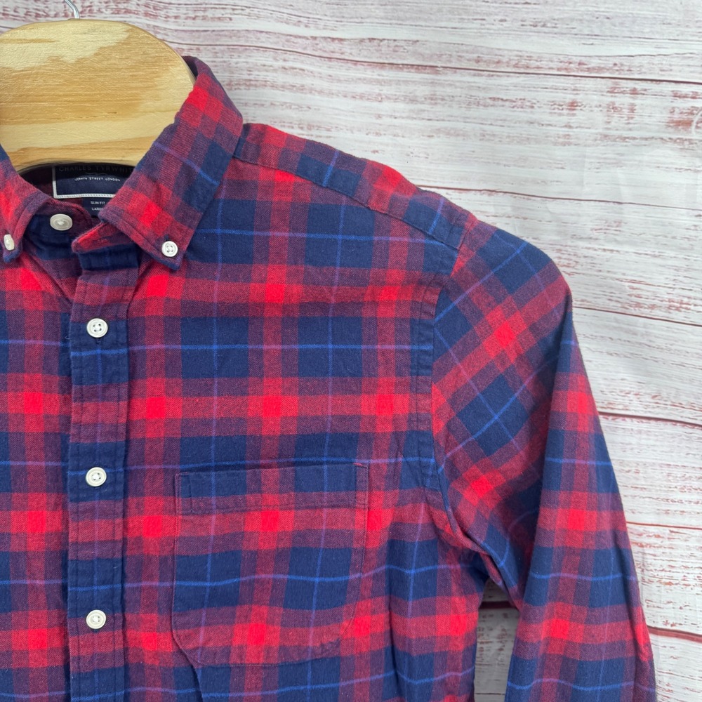 Charles Tyrwhitt  Flannel Shirt Mens Large Slim Fit Plaid Cotton Pocket Casual - Picture 3 of 9